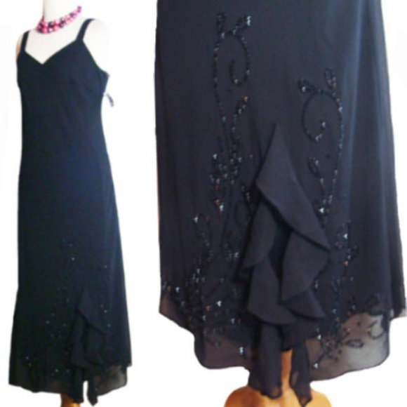Black Dress Ruffles Beaded R&M Richards 8P - Picture 2 of 4